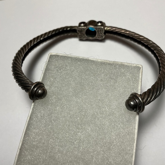 Sterling Silver Open Cable Cuff Bracelet with Blue Topaz Stones. 2 3/8” across - Picture 4 of 7